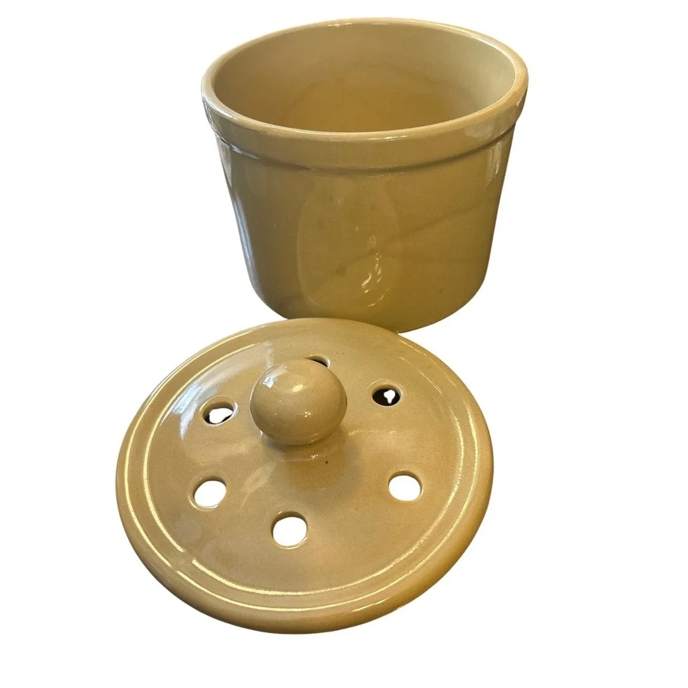 Vintage Mustard Yellow Ceramic Garlic Keeper Vented Lid Stoneware Storage Crock